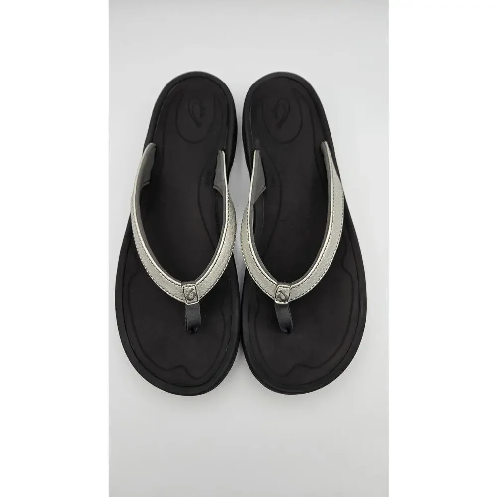 Olukai Kulapa Kai Womens Thong Sandals Flip Flops Black Silver Metallic Size 11